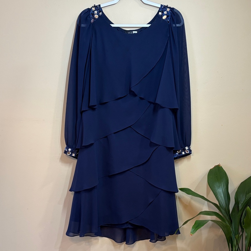 S.L. Fashions Navy Tiered Chiffon Long-Sleeve Dress with Beaded Accents, 16
